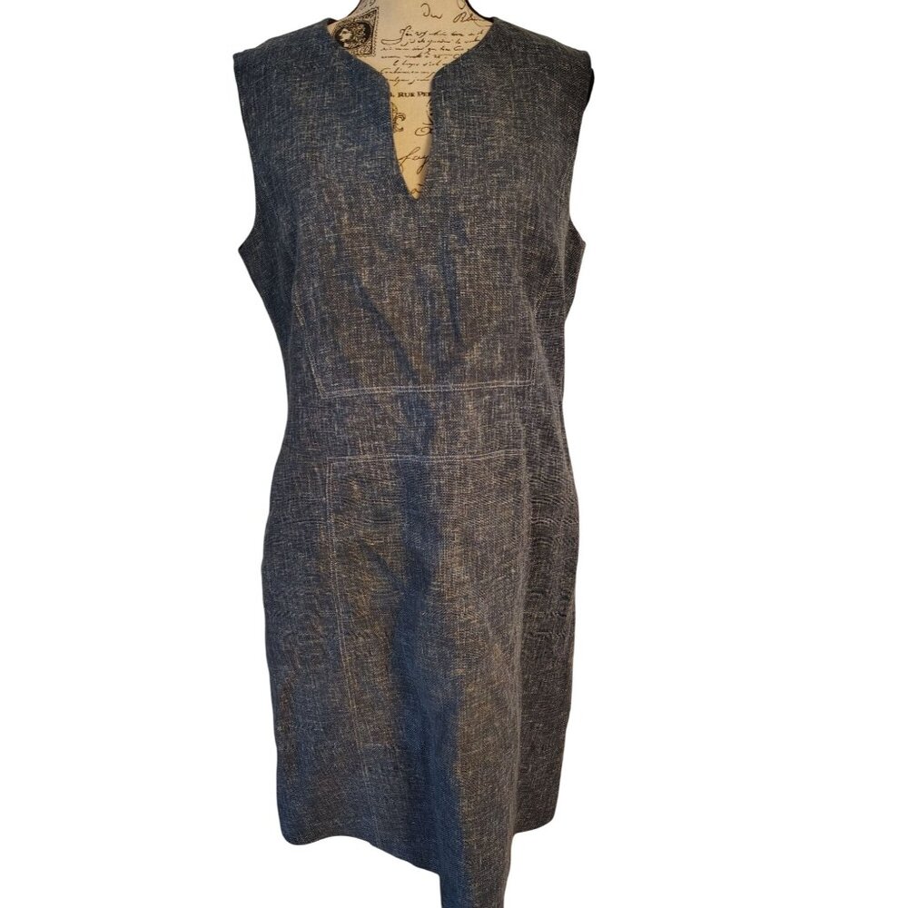 Lafayette 148 Blue Corn Color Linen Cotton Sheath Dress Sleeveless Size 8 V Neck